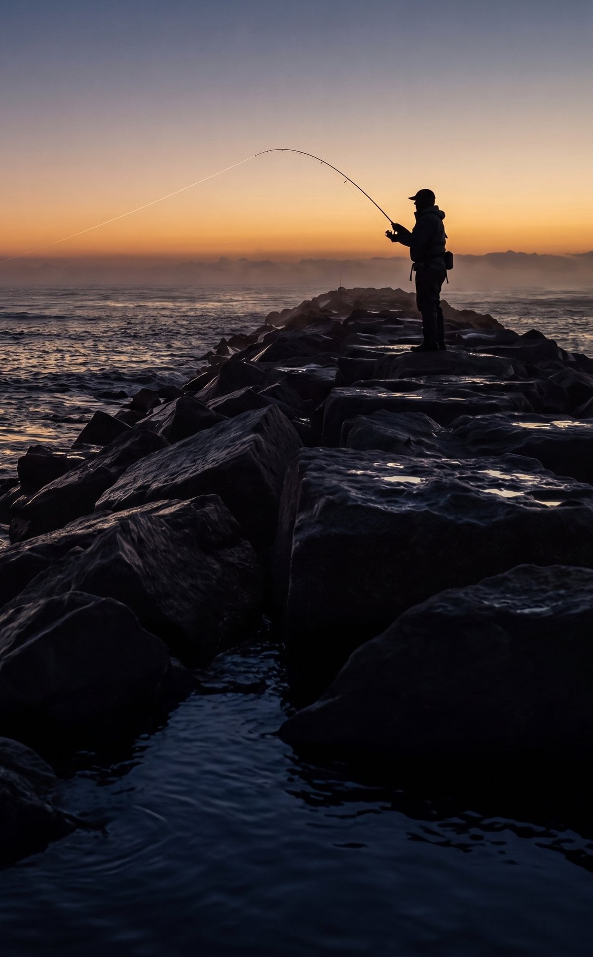 A lone angler casting from a rock jetty as first light breaks over the Atlantic