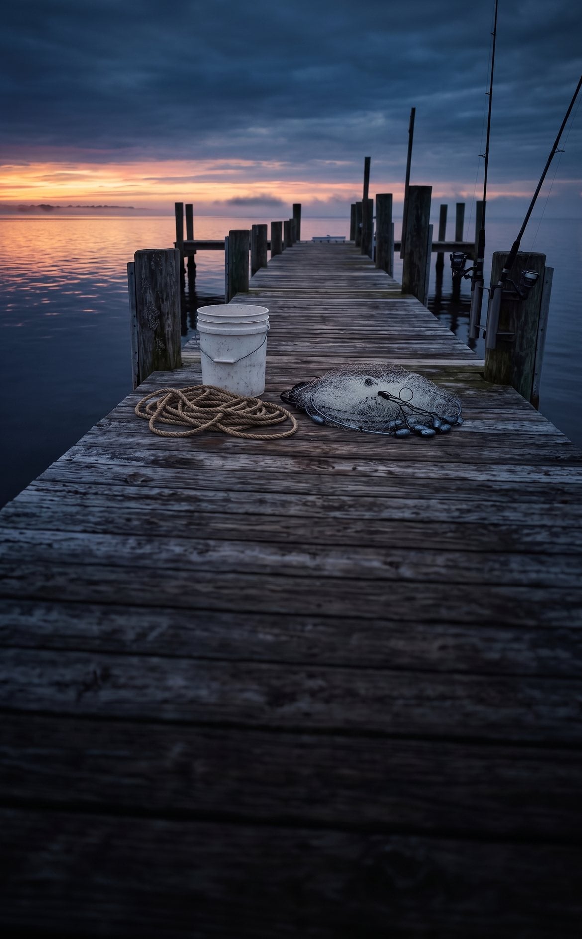 An old fishing dock at first light with a bait bucket, rope and a cast net