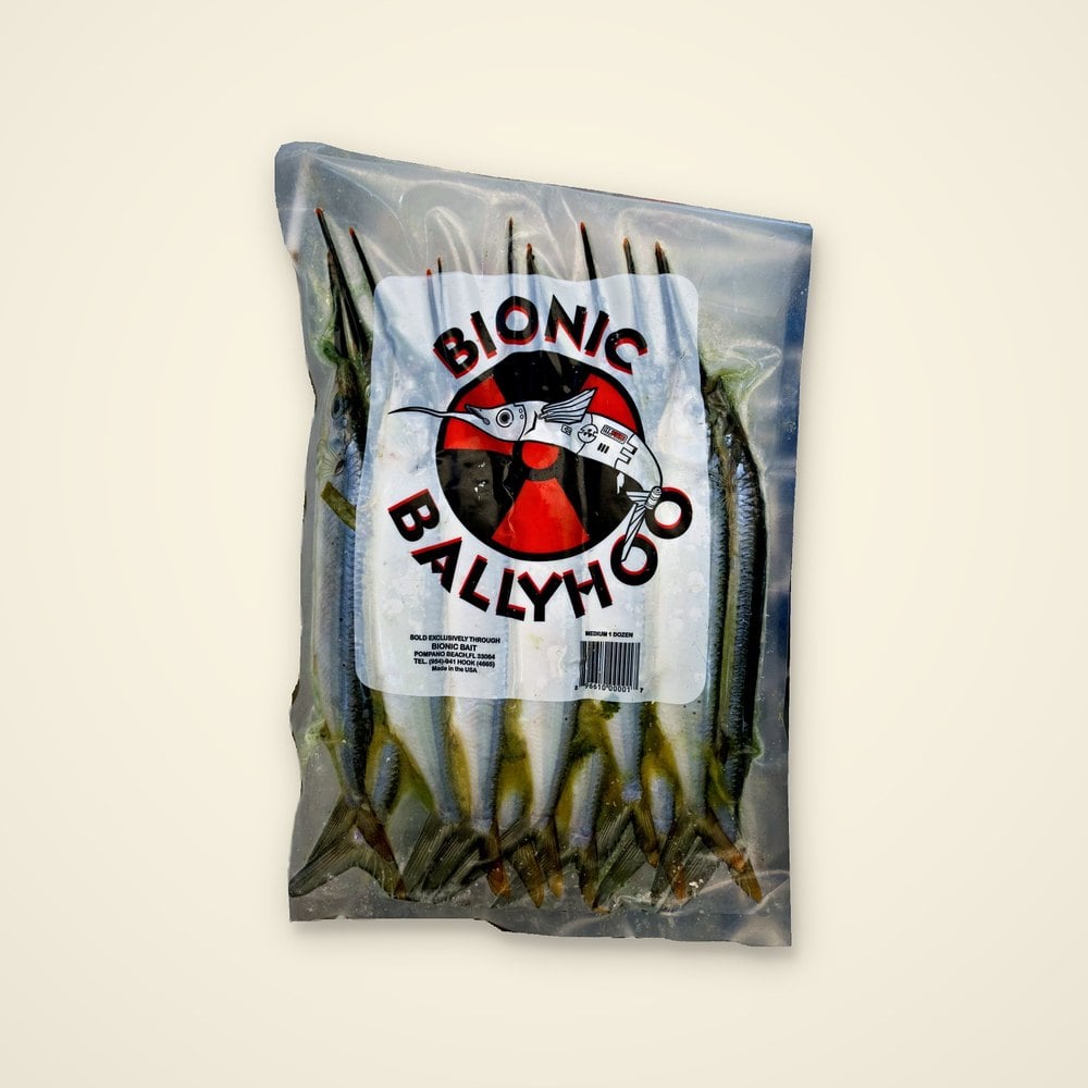 Bionic Ballyhoo frozen bait pack, medium one dozen, silver ballyhoo visible through the bag on a light background