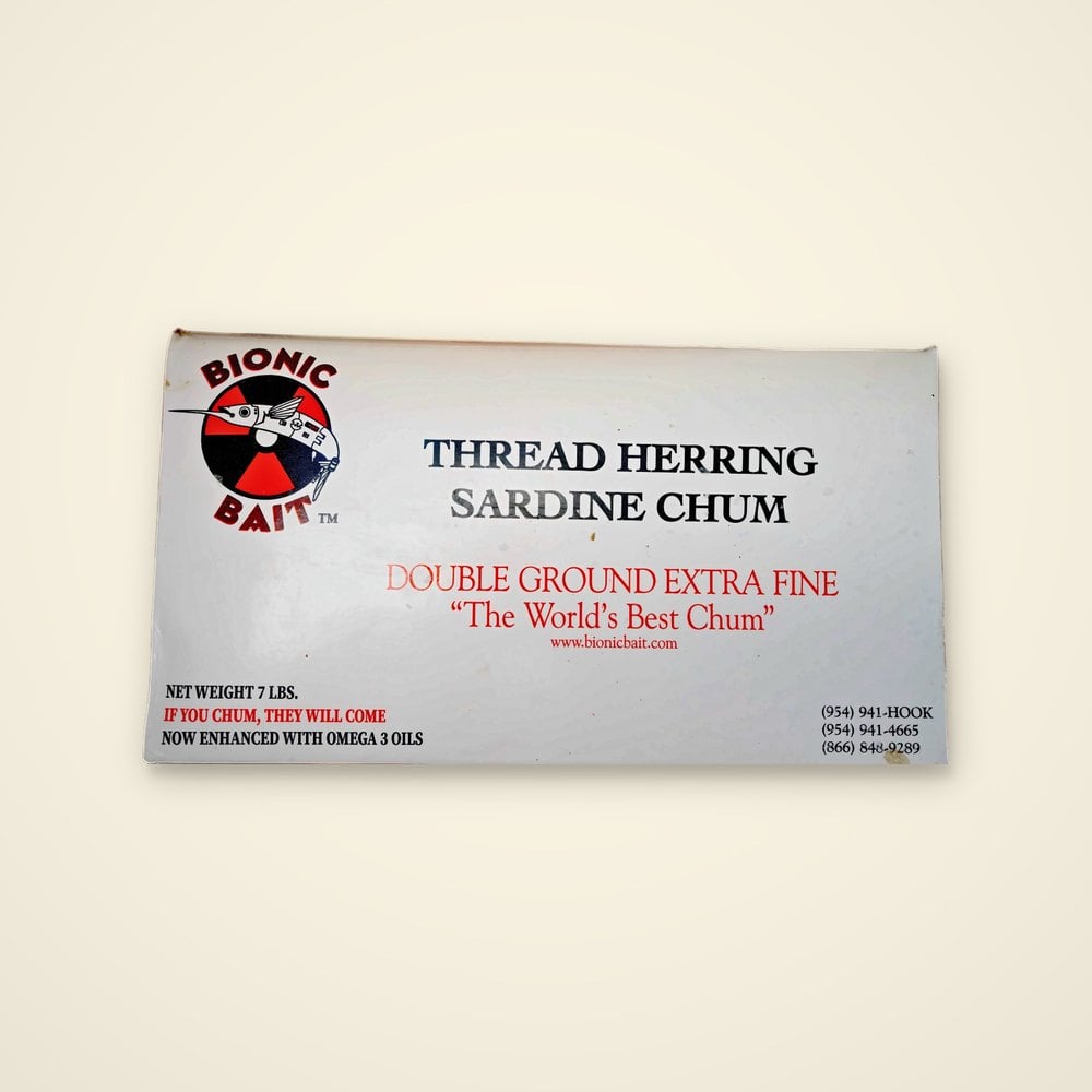 Bionic Bait Thread Herring Sardine Chum, double ground extra fine, 7 lb frozen box on a light background