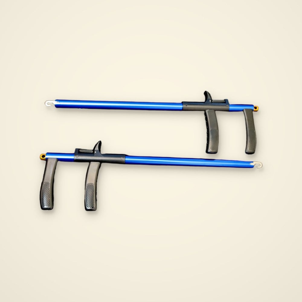 Two long-handle hook removers with metallic blue shafts and black pistol grips on a light background
