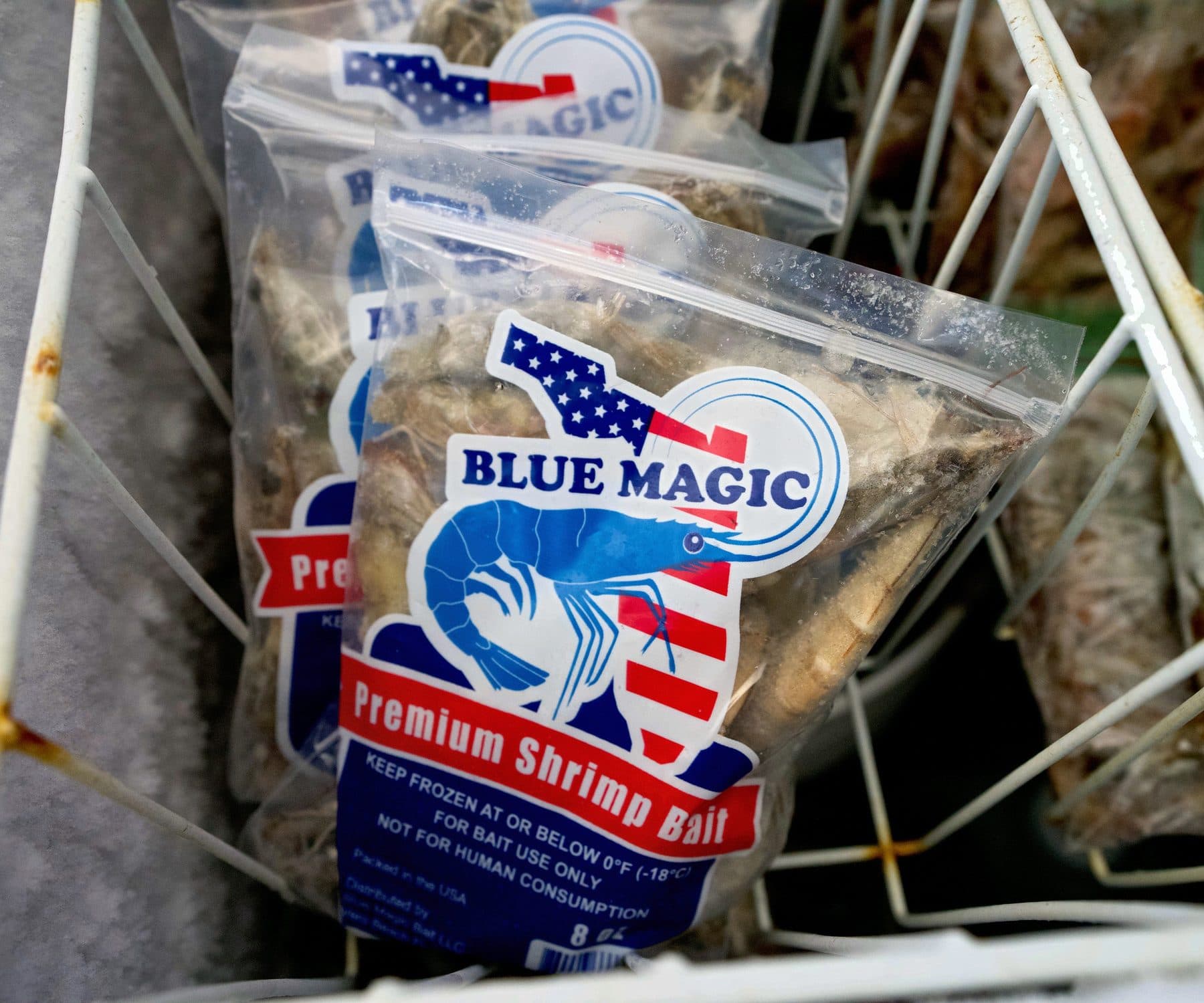 Blue Magic Premium Shrimp Bait 8 oz frozen packs standing in a white wire freezer basket