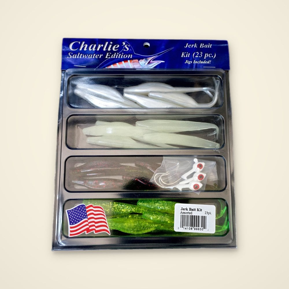 Charlie's Saltwater Edition Jerk Bait Kit, 23 pieces in pearl, glow, red flake and chartreuse with three jig heads