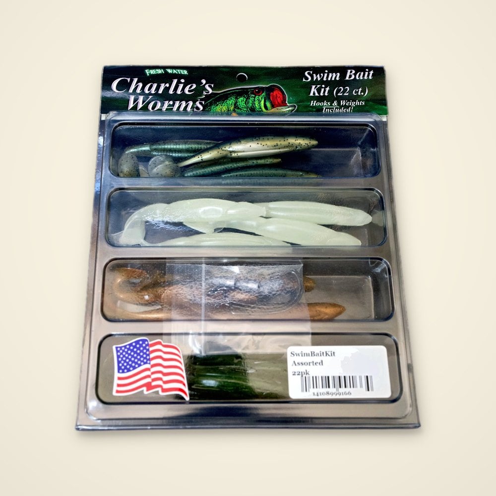 Charlie's Worms freshwater Swim Bait Kit, 22 count tray of green, glow white and brown swimbaits with hooks and weights