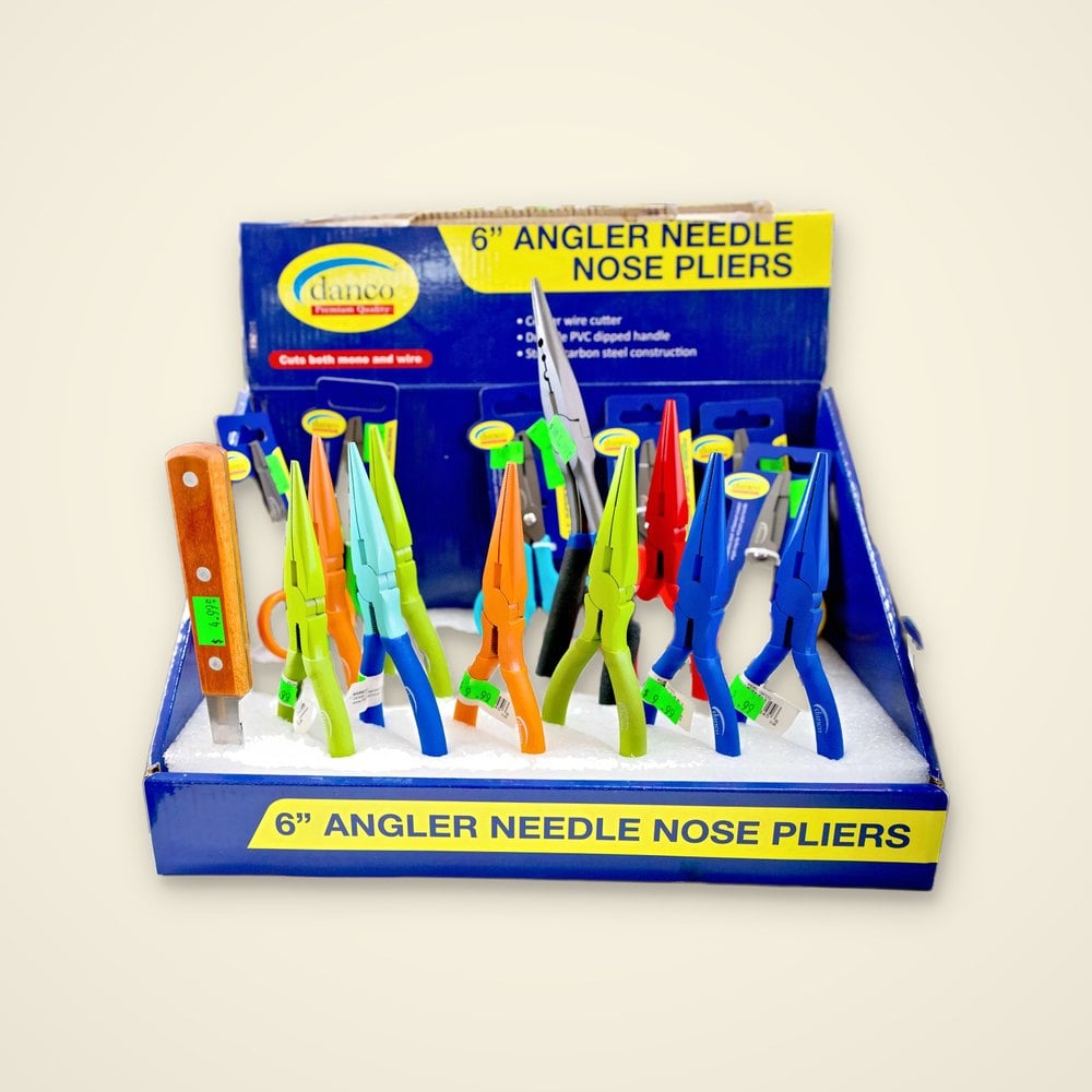 danco 6 inch angler needle nose pliers in lime, orange, blue and red in a counter display with a wood-handled bait knife
