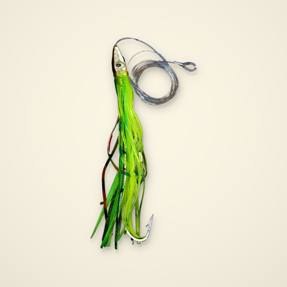 Chartreuse and green rigged trolling skirt lure with a holographic head, clear leader coil and stainless hook