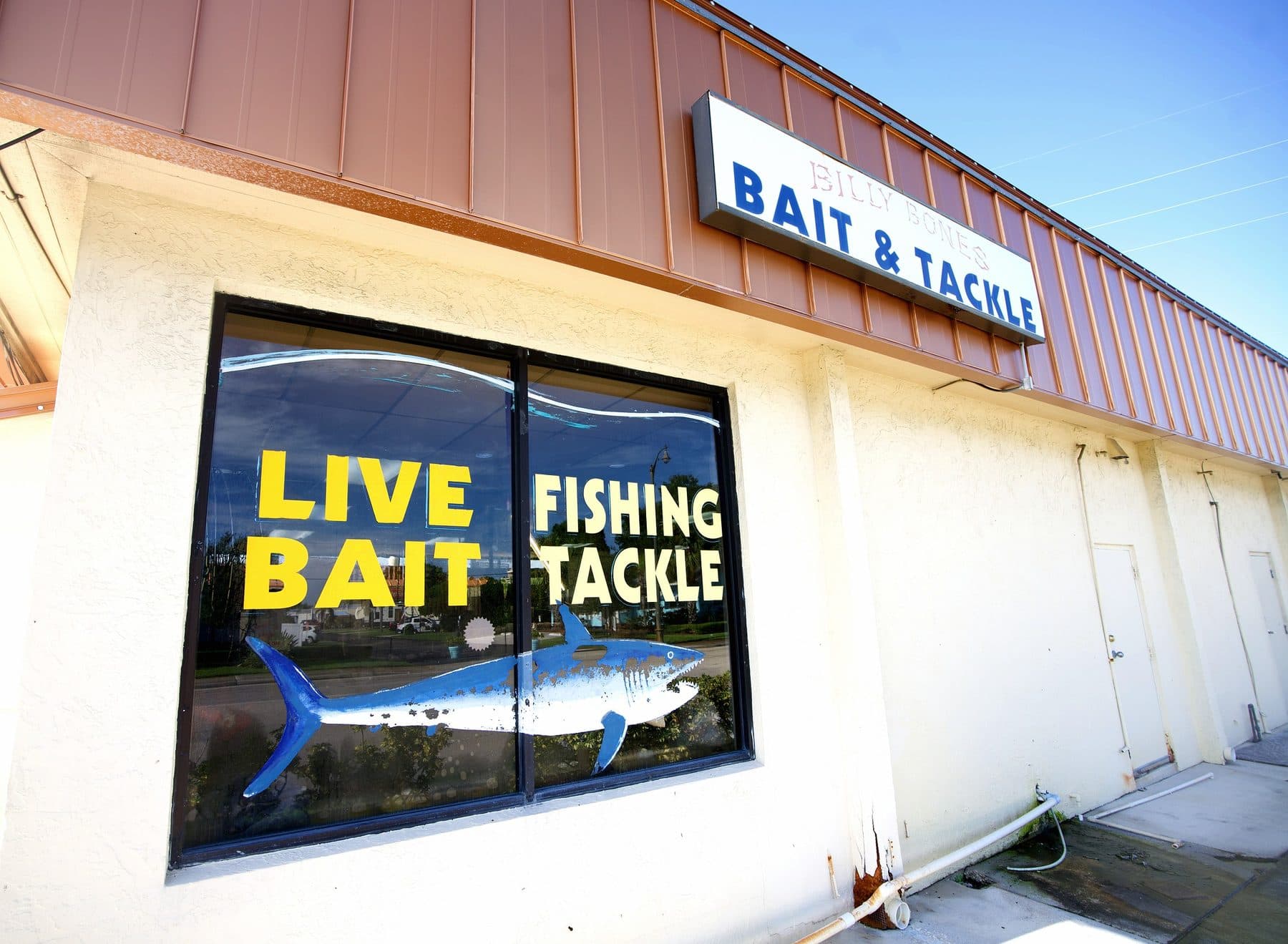 Billy Bones Bait & Tackle sign above a window painted Live Bait Fishing Tackle with a large blue shark