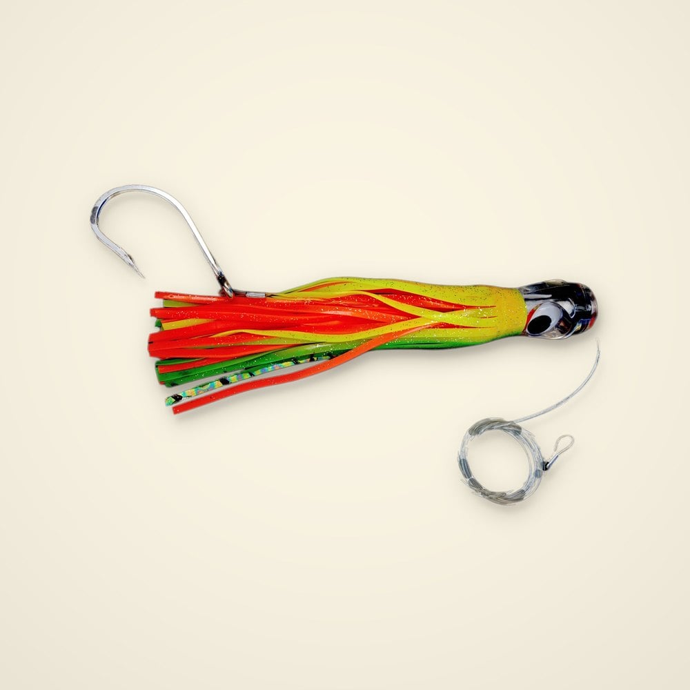 Rigged trolling skirt lure with a clear eyed head, orange, chartreuse and green skirt, stainless hook and leader coil