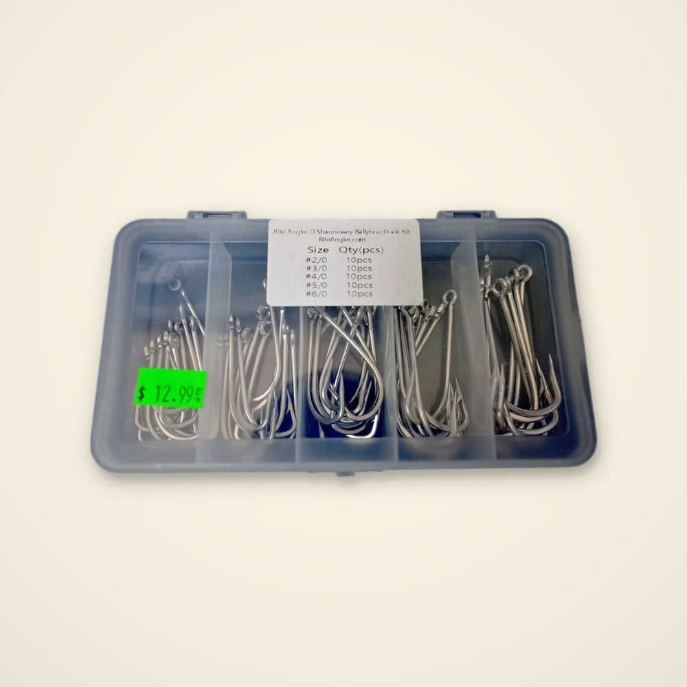 Rite Angler O'Shaunessey Ballyhoo Hook Kit, sizes 2/0 to 6/0, silver hooks in a clear five-compartment box