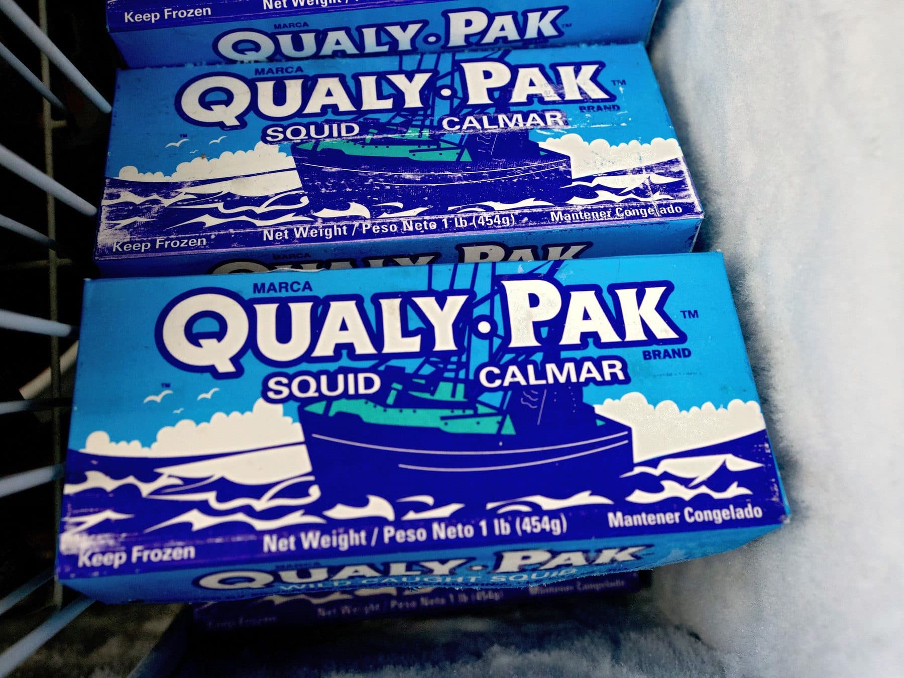 Stacked blue Qualy Pak frozen squid 1 lb boxes resting in a frosted freezer