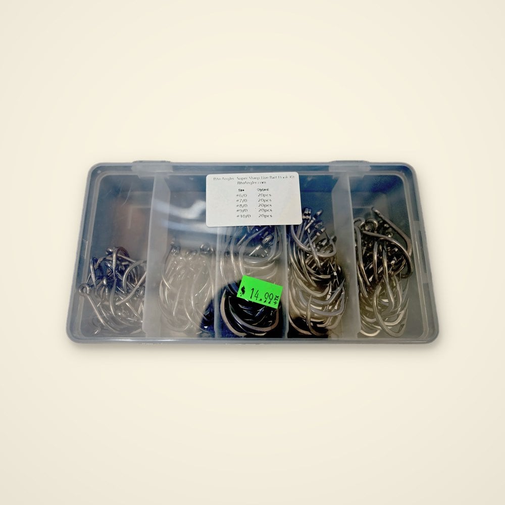Rite Angler Super Sharp Live Bait Hook Kit, sizes 6/0 to 10/0, in a clear five-compartment box
