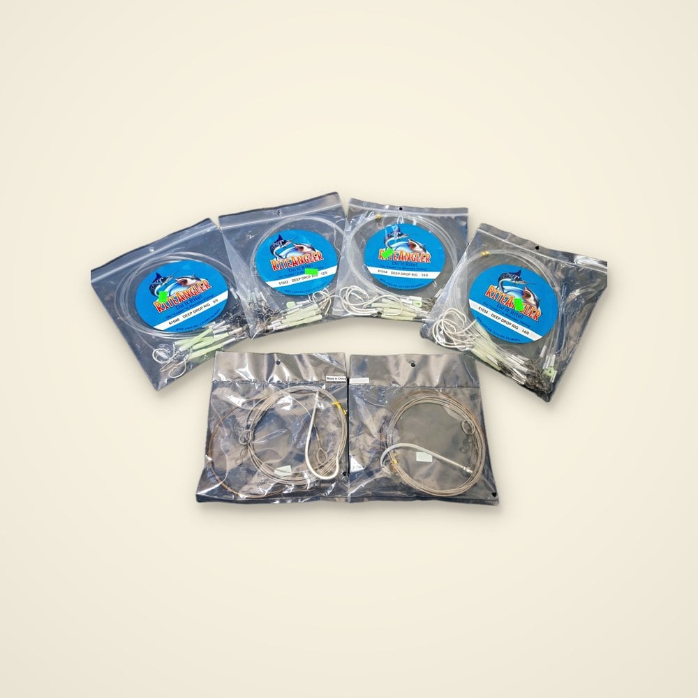 Four Rite Angler deep drop rigs in 9/0, 12/0 and 14/0 above two bagged wire cable leader rigs