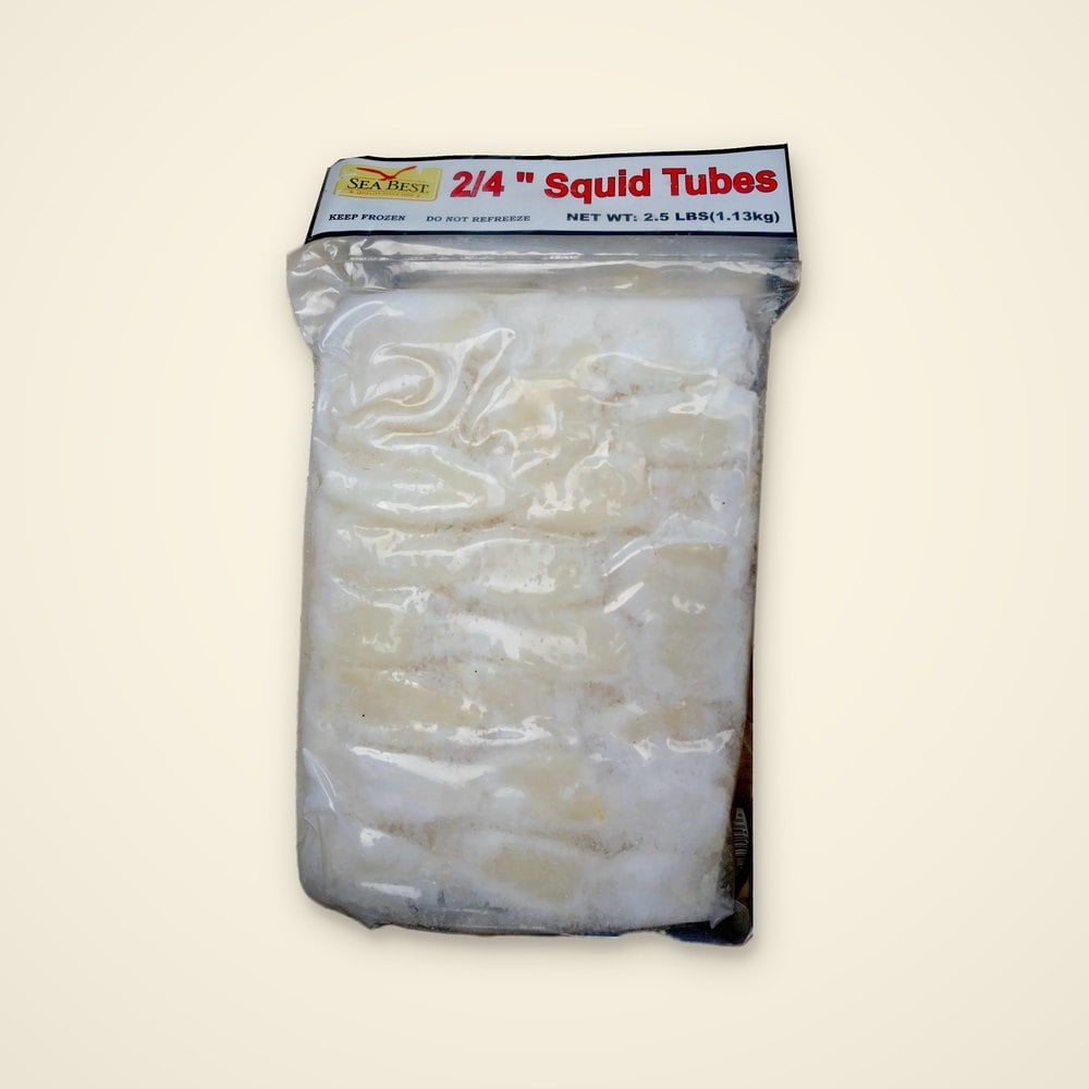Sea Best 2/4 inch squid tubes in a frosted 2.5 lb frozen bag on a light background