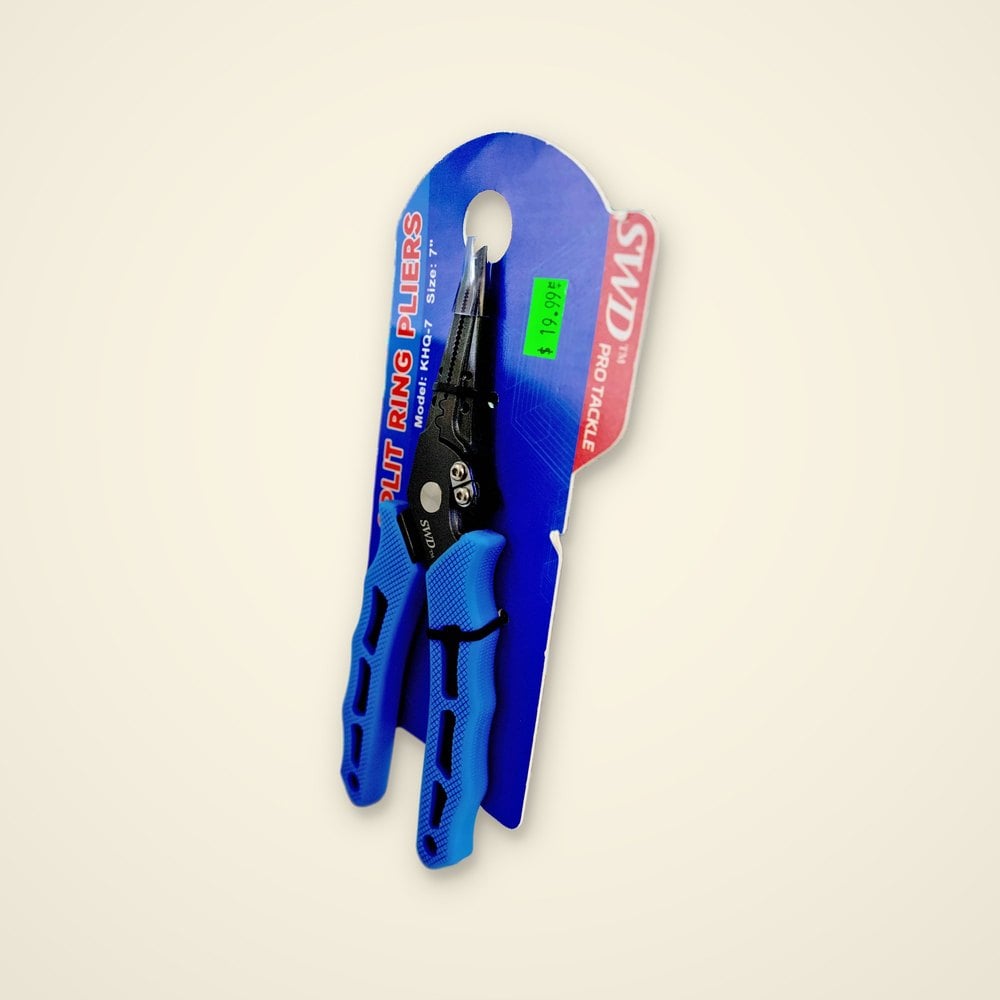 SWD Pro Tackle 7 inch split ring pliers with blue textured handles on a blue and red backer card